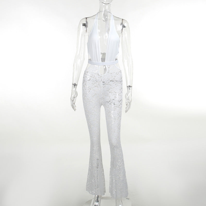 Damen eleganter Spitzen-Jumpsuit mit tiefem V-Ausschnitt und Glockenhosen EB