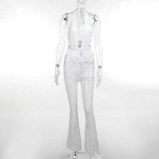 Damen eleganter Spitzen-Jumpsuit mit tiefem V-Ausschnitt und Glockenhosen EB