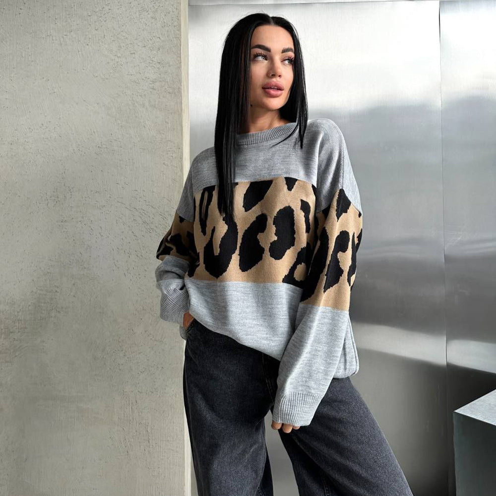 Damen Oversized Strickpullover mit Leoparden-Bahnen, überschnittener Schulter und geripptem Saum Eichborn Berlin