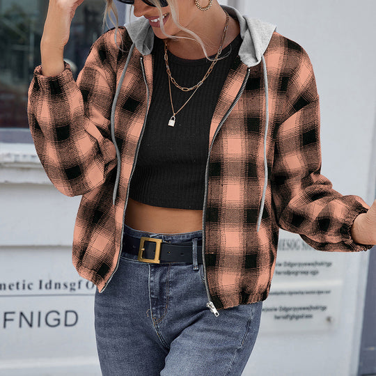 Damen lässige Baumwolljacke mit Karomuster und Kapuze EB