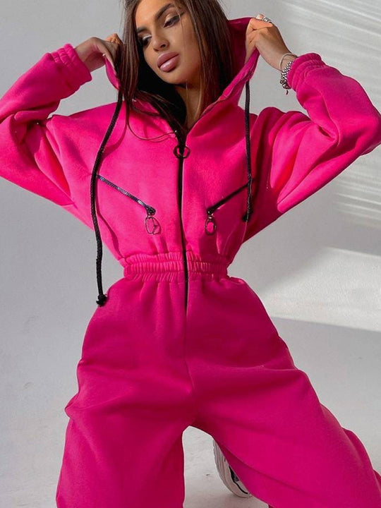 Damen Taillierter Kapuzen-Sweat-Jumpsuit mit Reißverschluss und elastischem Taillenbund EB