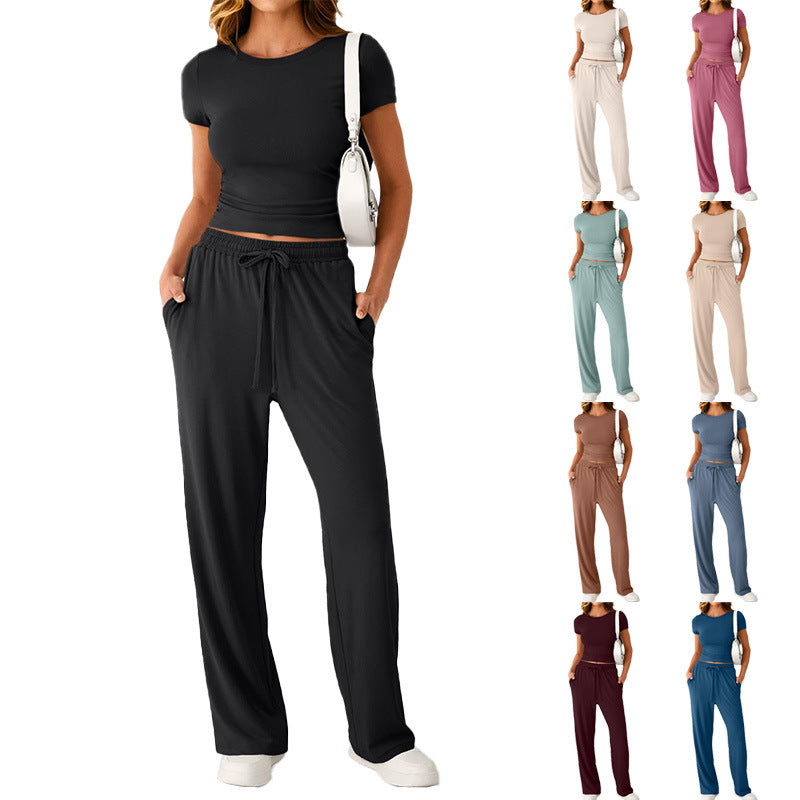 Damen lässiger Freizeitanzug mit kurzen Ärmel und weiten Hosen EB