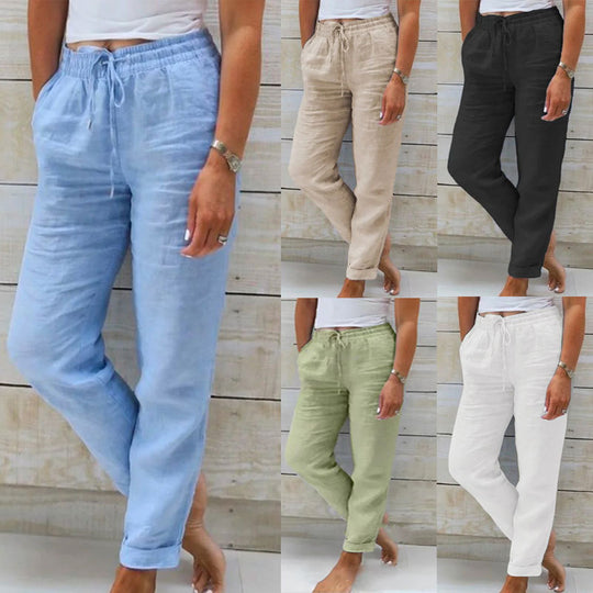 Damen nan lässige Leinenhose mit elastischem Bund und Kordelzug EB