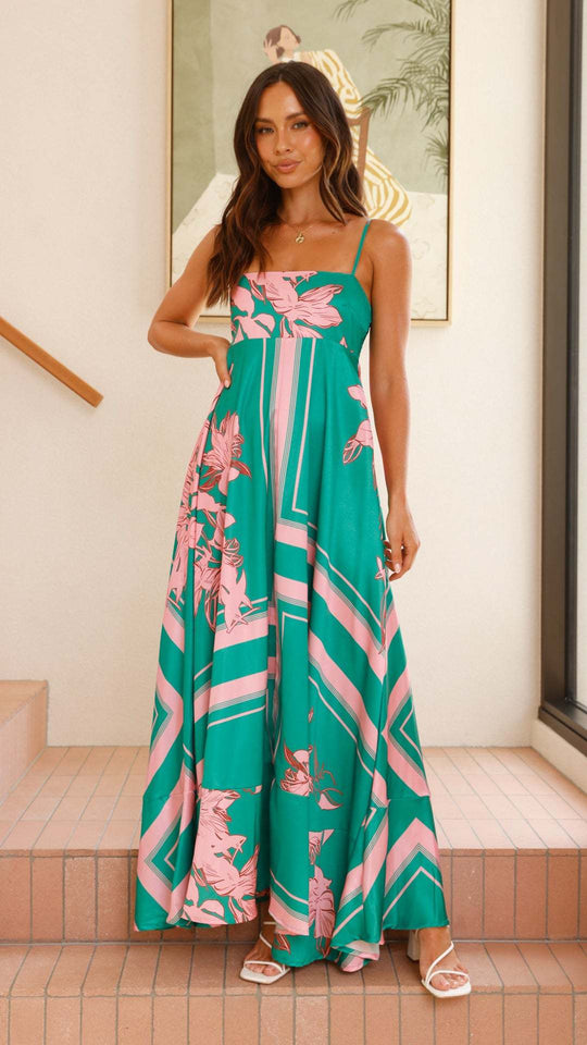 Damen Maxikleid mit elegantem floralem Design und schmalen Trägern EB