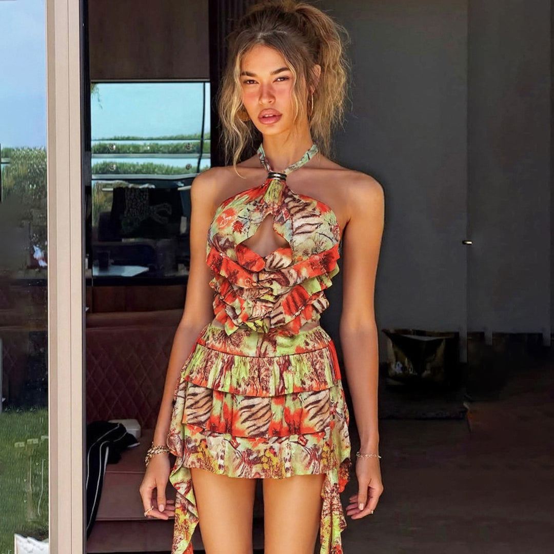 Damen Rüschenkleid mit floralen Motiven und verstellbarem Träger EB