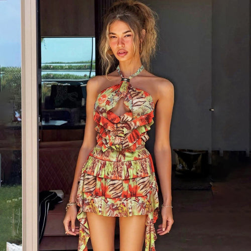 Damen Rüschenkleid mit floralen Motiven und verstellbarem Träger EB