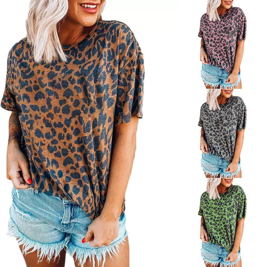 Damen lässiges Leoprint T-Shirt mit weichem Stoff und lockerer Passform EB