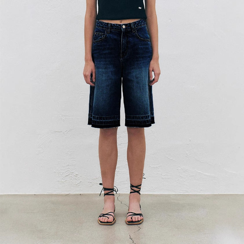 Damen Hoch taillierte Denim-Shorts mit weitem Bein und modischer Struktur EB