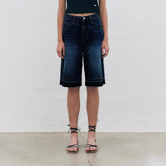Damen Hoch taillierte Denim-Shorts mit weitem Bein und modischer Struktur EB