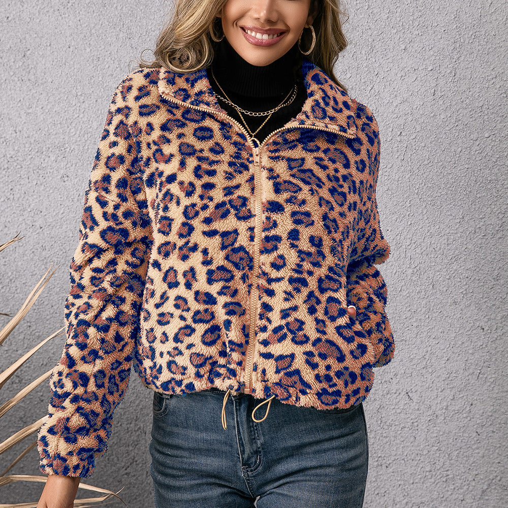 Damen Fleecejacke mit Leoparddruck und seitlichen Taschen EB