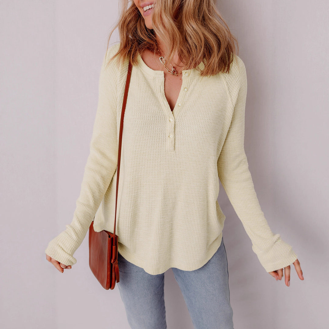 Damen lässiger Henley-Pullover aus strukturiertem Material EB