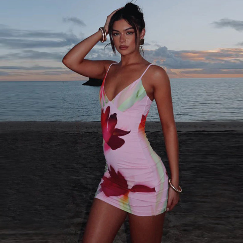 Damen Figurbetontes Minikleid mit Blumenprint und tiefem V-Ausschnitt EB