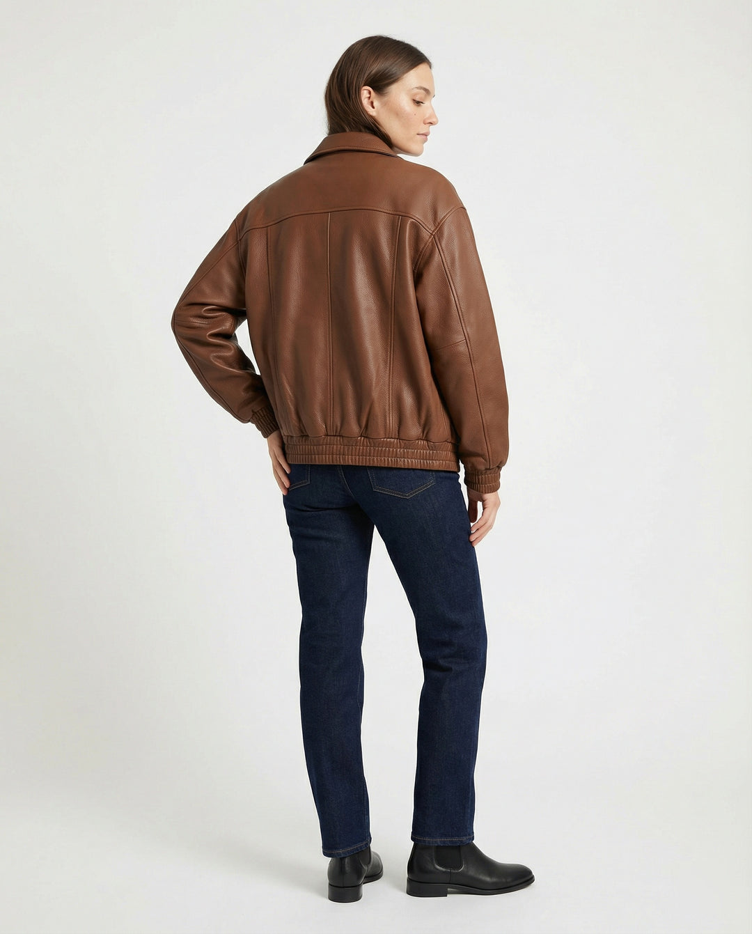 Damen grainierte Nappa-Optik Blousonjacke mit Hemdkragen elastischem Saum und verdeckter Druckknopfleiste EB