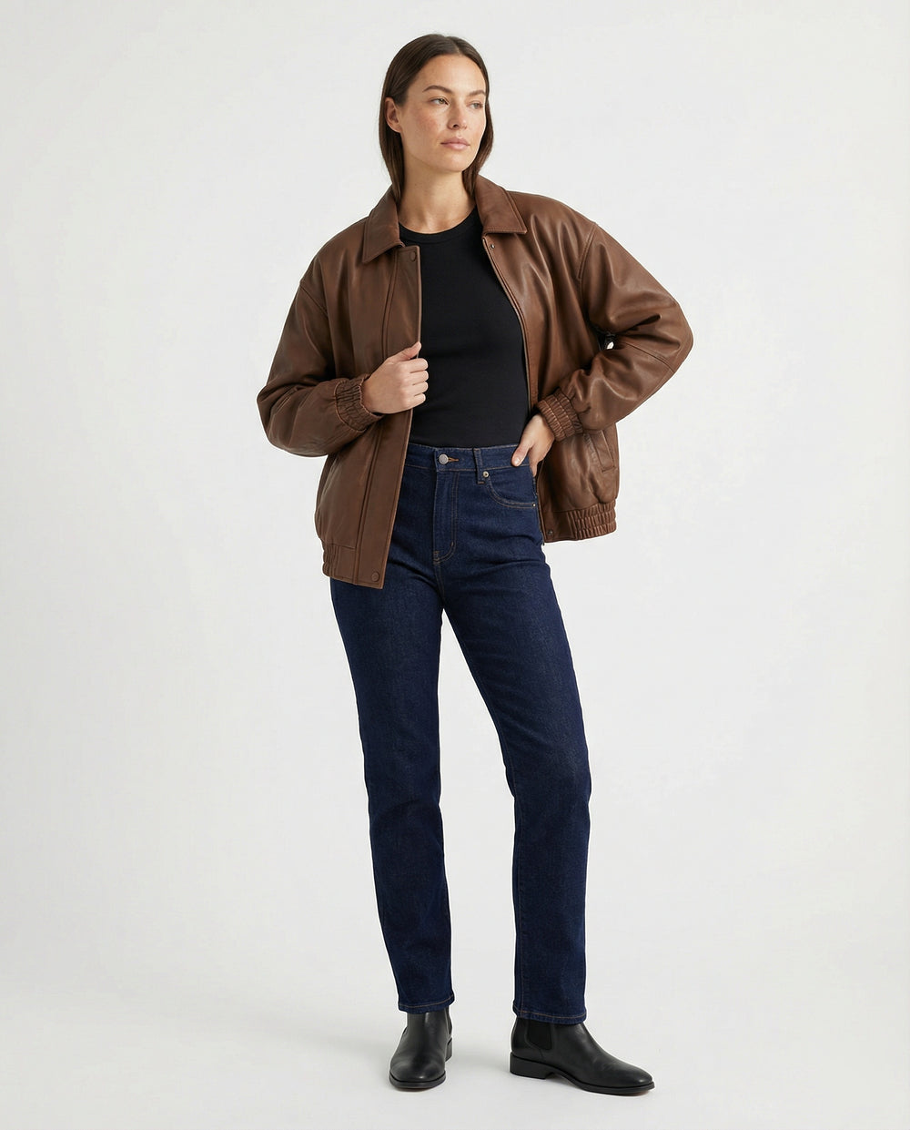 Damen grainierte Nappa-Optik Blousonjacke mit Hemdkragen elastischem Saum und verdeckter Druckknopfleiste EB