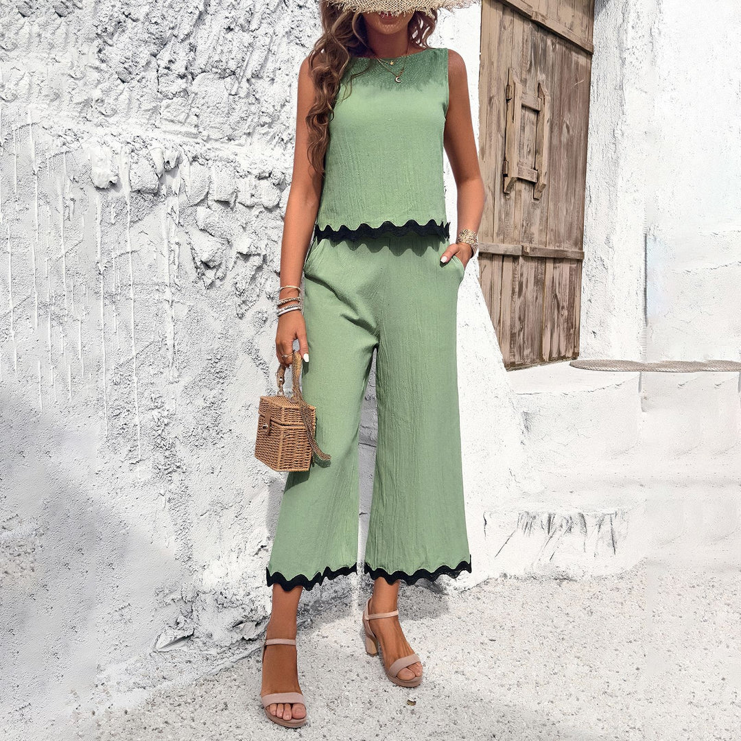 Damen Zweiteiliges Set mit Crop-Top und weitem Hosen EB