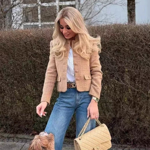 Damen elegante Blazerjacke im klassischen Tweed-Stil mit Knopfdetails EB