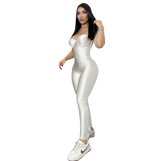 Damen Figurbetonter Jumpsuit mit Bügelfalten und trägerlosem Design EB