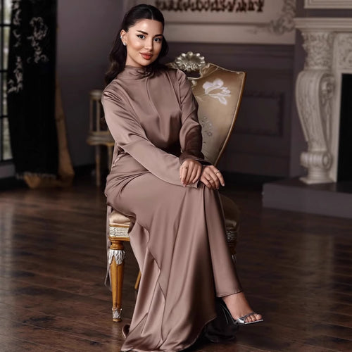 Damen Elegantes bodenlanges Kleid mit hochgeschlossenem Kragen und fließendem Schnitt EB