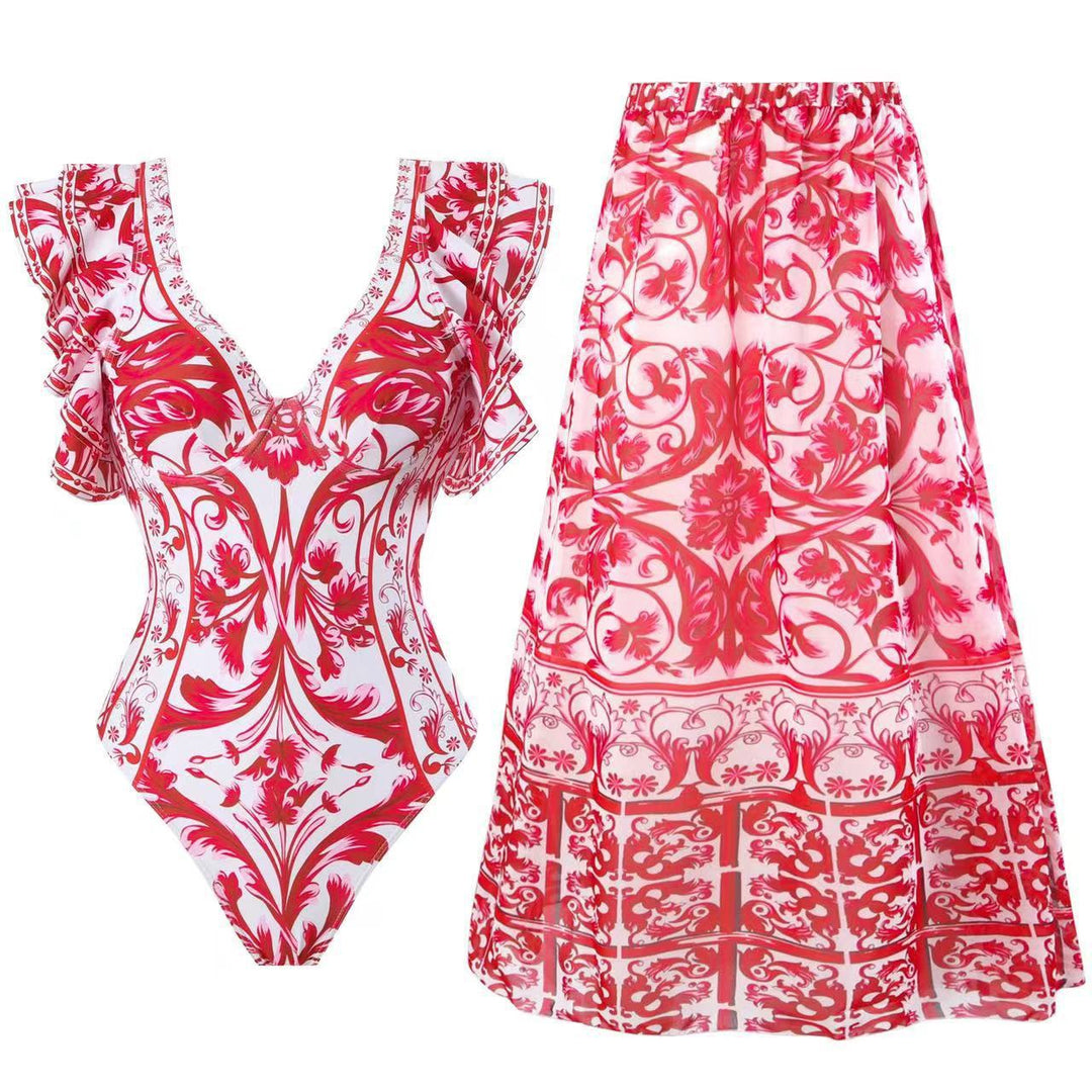 Damen Badeanzug-Set mit voluminösem Rüschendesign und floralem Wickelrock EB