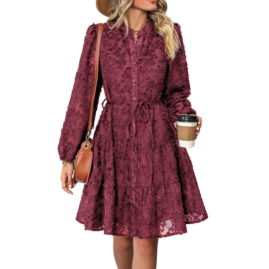 Damen elegantes Minikleid mit floraler Spitzenstruktur und Bindegürtel EB
