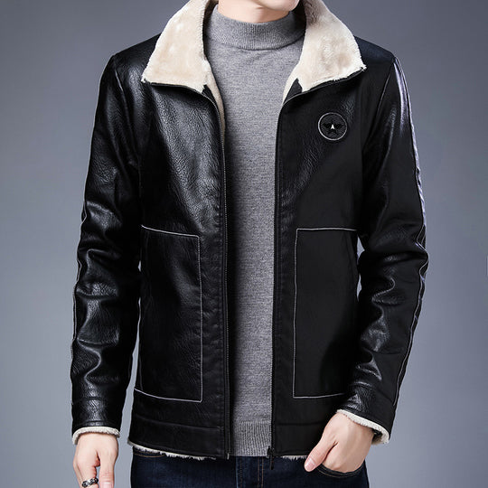 Herren Kunstleder‑Fliegerjacke mit durchgehendem Teddyfutter und Stehkragen EB