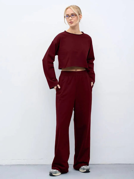 Damen Kurzgeschnittenes Sweatshirt und High-Waist Relax-Jogginghose Set EB