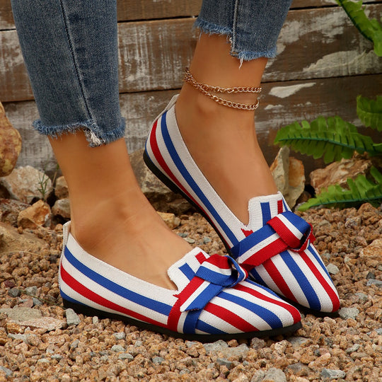 Damen Ballerinas mit modischem Streifenmuster und dekorativem Schleifen-Detail EB