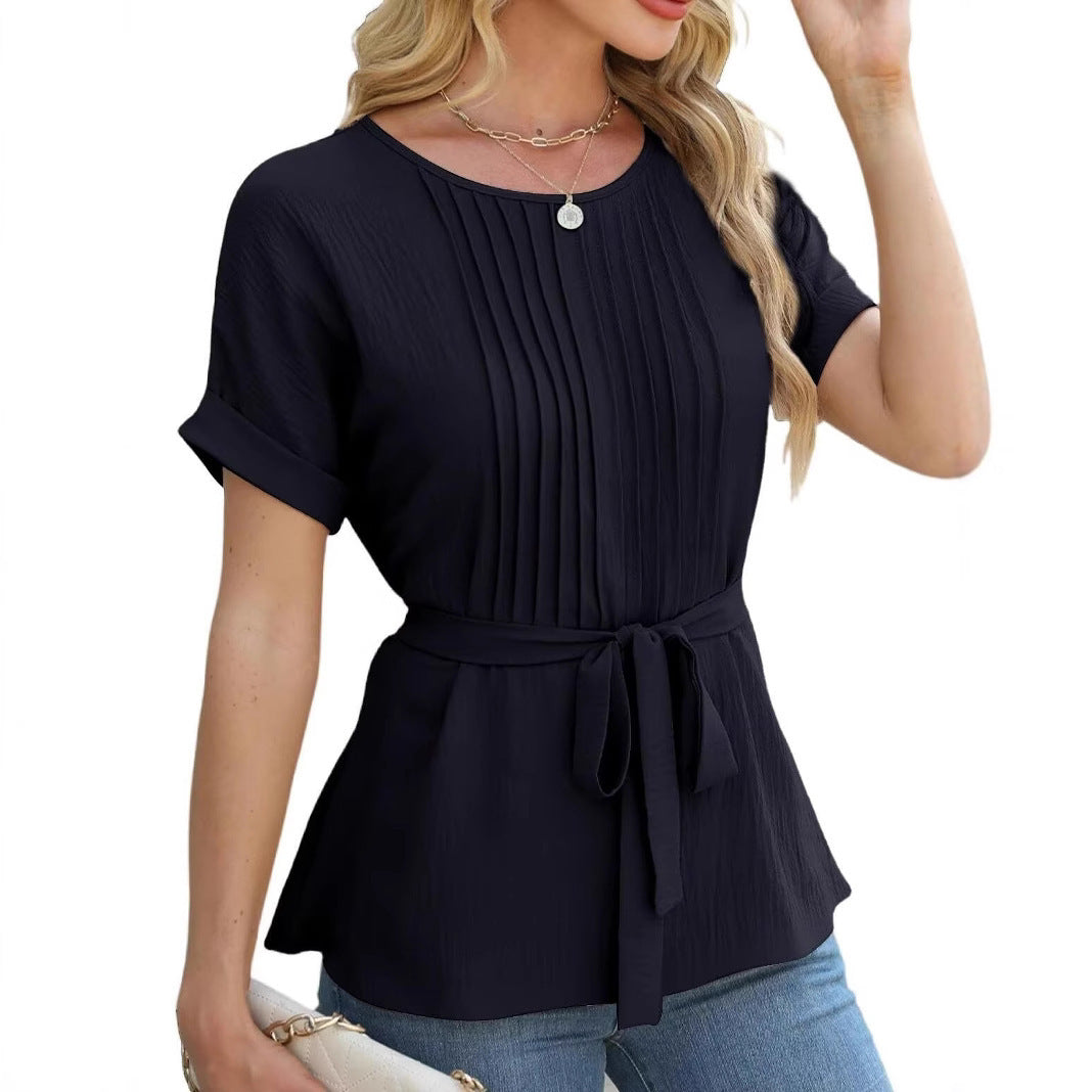 Damen elegante Bluse mit Falten-Design und Taillengürtel EB