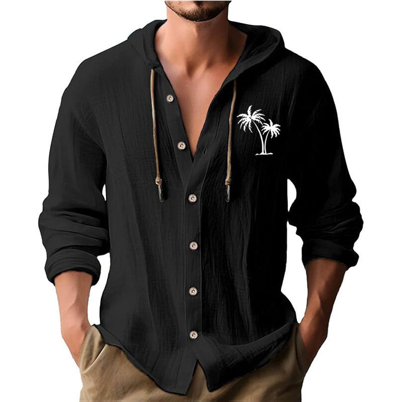 Herren lässiges Kapuzenshirt mit dekorativem Palmendruck und Knopfleiste EB