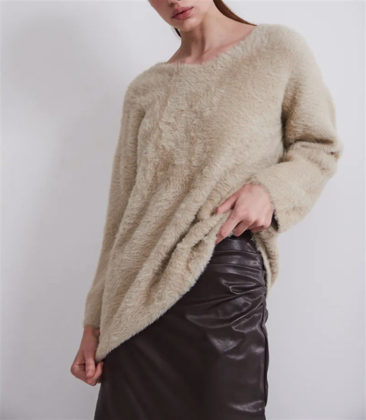 Damen Oversize-Flauschpullover mit V-Ausschnitt und Teddy-Optik EB