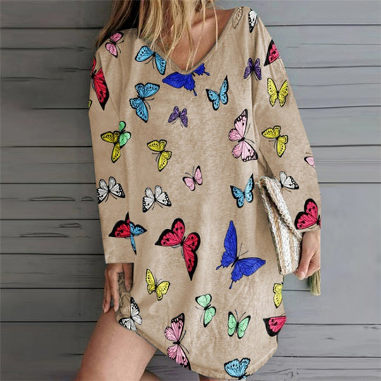 Damen Oversize Tunika-Kleid mit V-Ausschnitt und Schmetterlingsprint EB