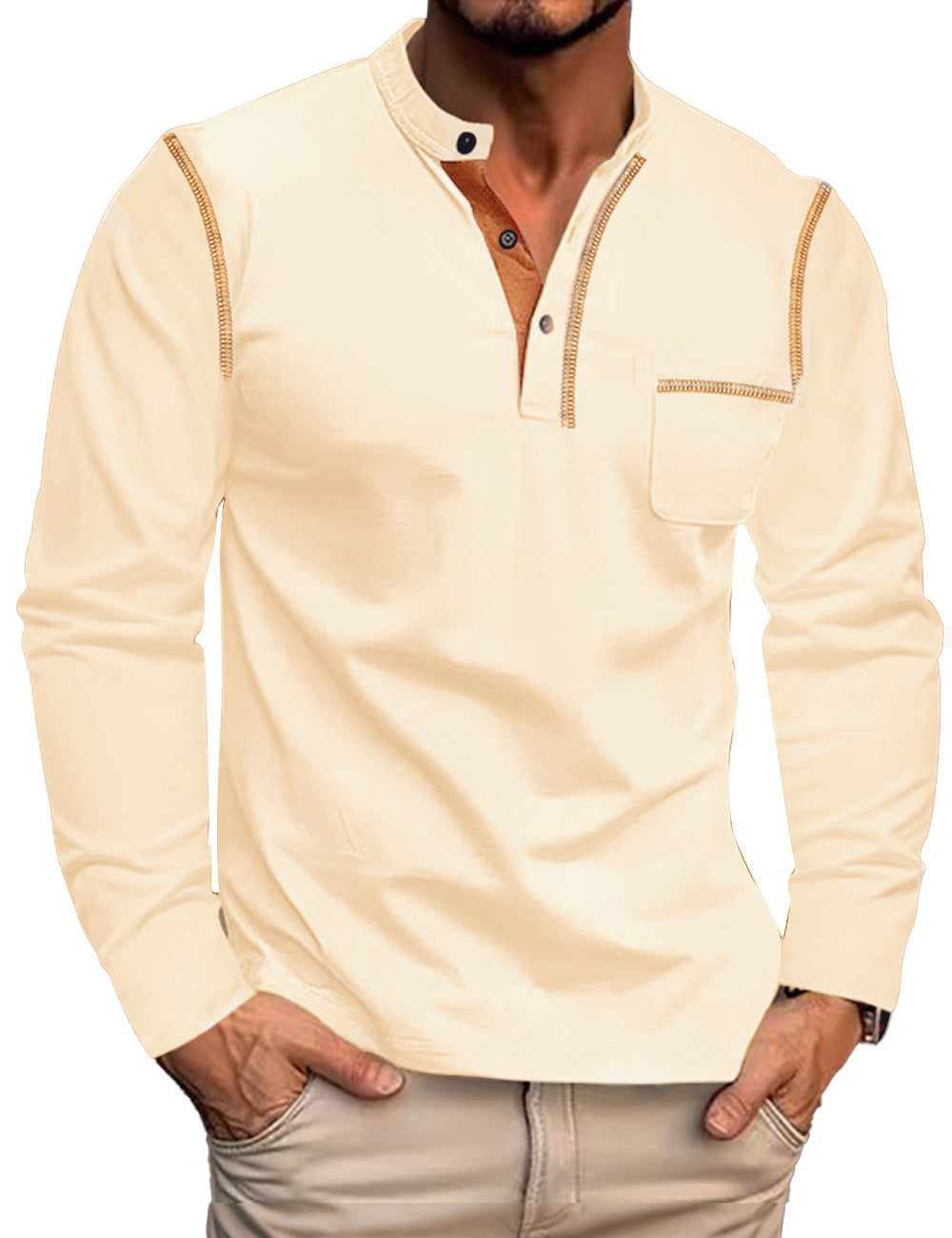 Herren nan langärmliges Jerseyshirt mit Mandarinkragen, kurzer Knopfleiste, Brusttasche und kontrastierender Ziernaht EB