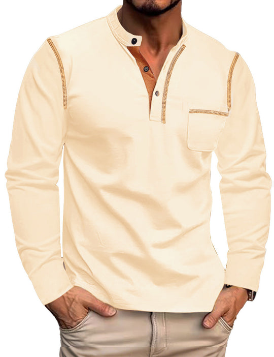 Herren nan Langarmshirt mit kurzer Knopfleiste Brusttasche und kontrastierenden Ziernähten EB