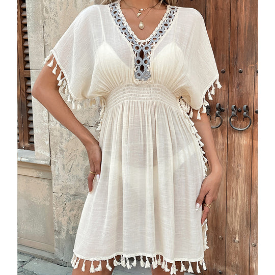 Damen elegantes Strandkleid mit raffinierten Quasten und durchbrochenem Design EB
