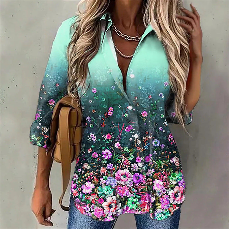 Damen Hemdbluse mit floralem Design und elegantem Farbverlauf EB