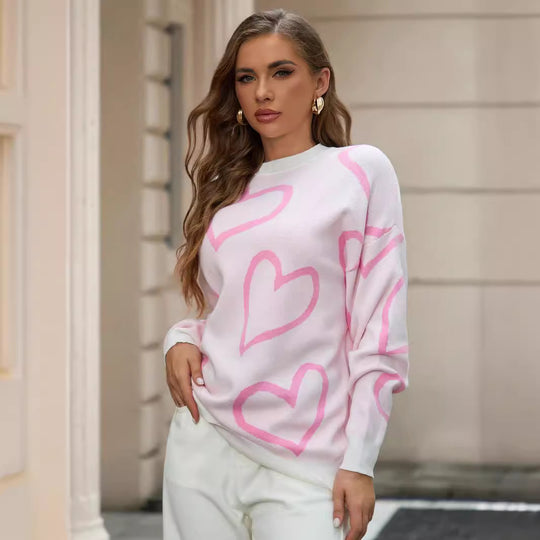 Damen Strickpullover mit Herzmotiv und Lässiger Passform EB