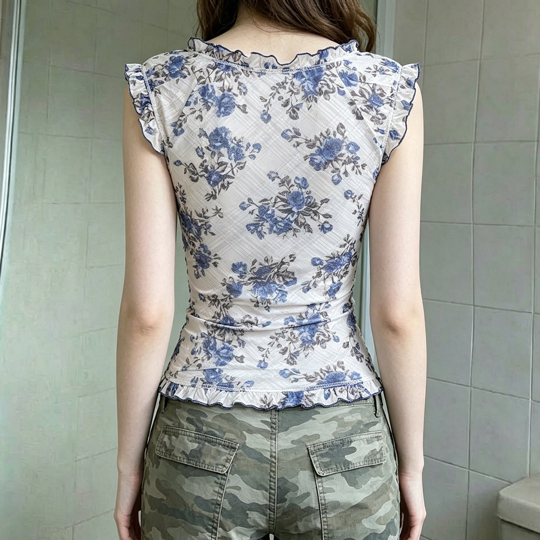 Damen Elegantes Spitzenoberteil mit floralen Akzenten und Rüschen EB