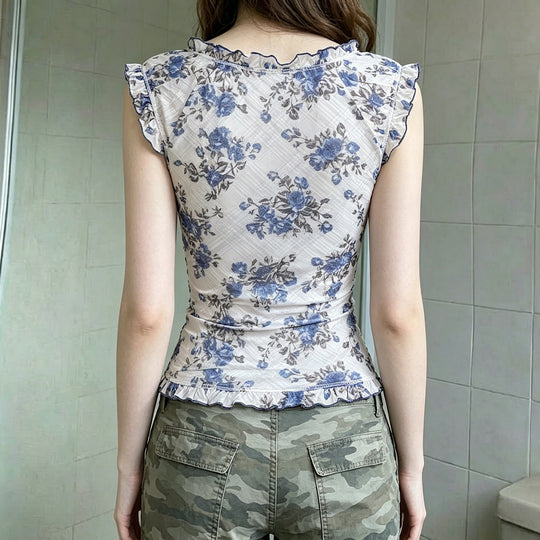 Damen Elegantes Spitzenoberteil mit floralen Akzenten und Rüschen EB