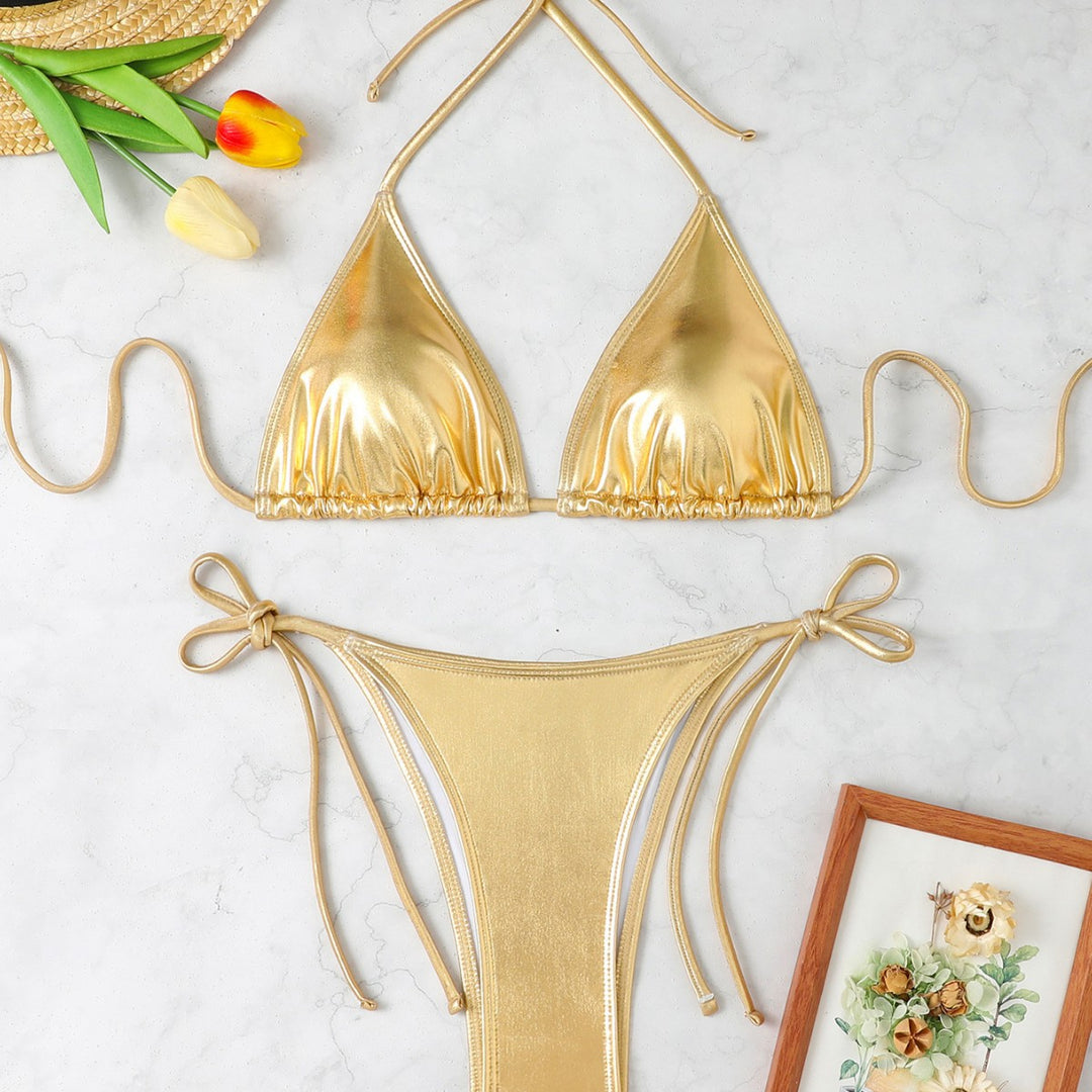 Damen Triangel-Bikini mit eleganter Metallic-Oberfläche und verstellbaren Bindebändern EB