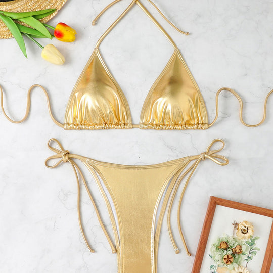 Damen Triangel-Bikini mit eleganter Metallic-Oberfläche und verstellbaren Bindebändern EB