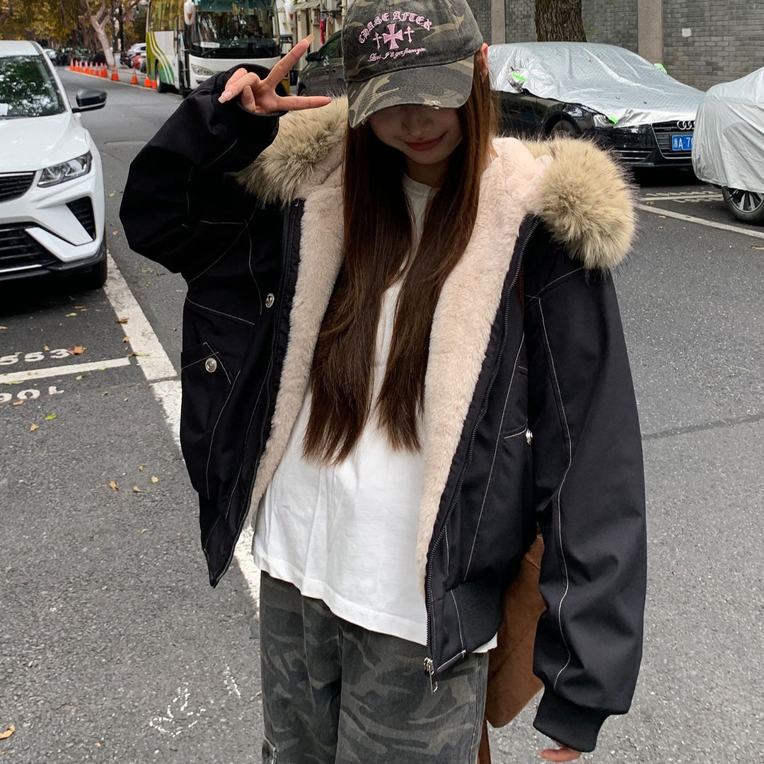 Damen gefütterte Winterjacke mit abnehmbarem Kunstfellkragen und großen Taschen EB