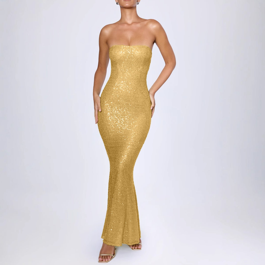 Damen Trägerloses Glamour-Maxi-Kleid mit schimmernden Pailletten und elegantem Schnitt EB