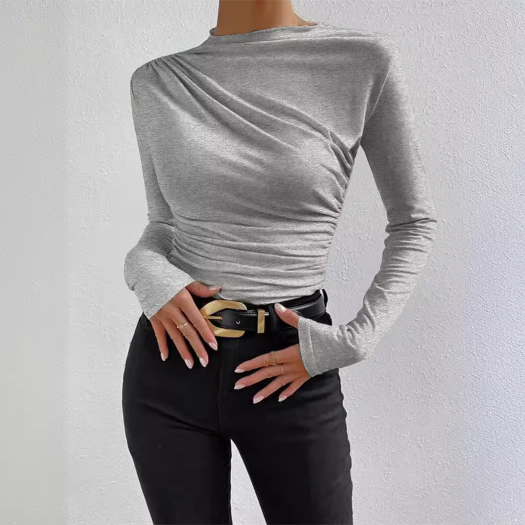 Damen nan figurbetontes Langarmshirt mit asymmetrischer Raffung am Vorderteil und U-Boot-Ausschnitt EB