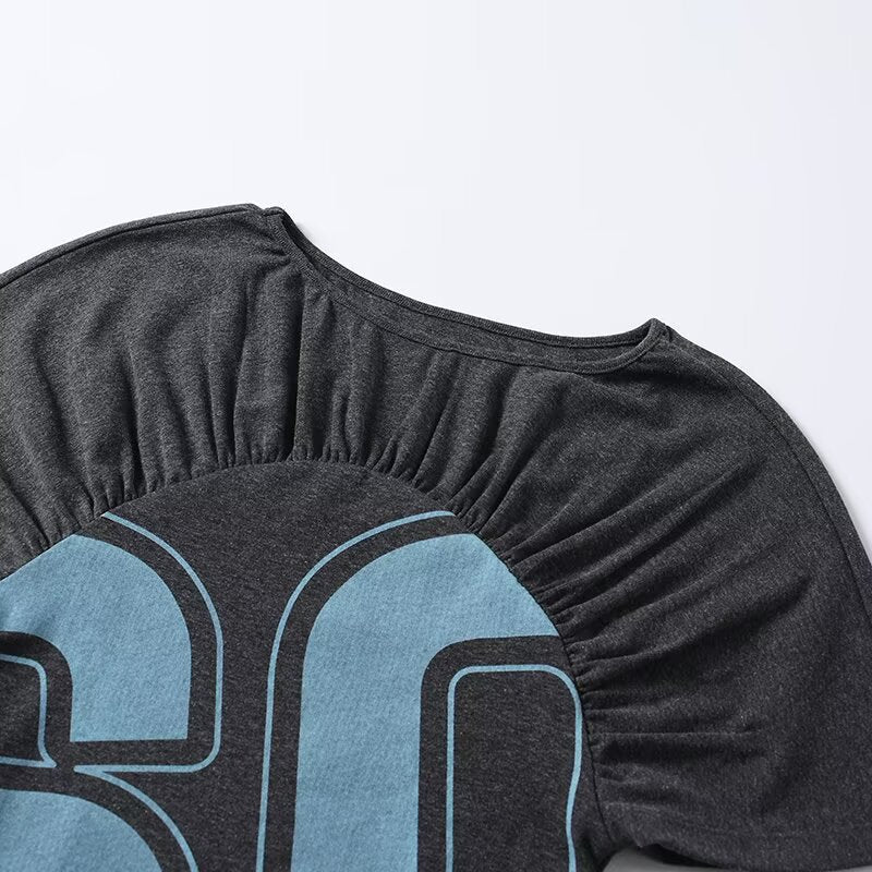 Damen lässiges Kurzarm-T-Shirt mit Raffung und grafischem Druck EB