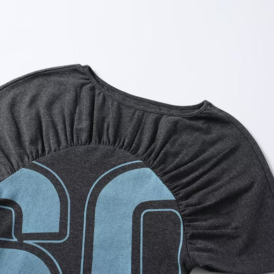 Damen lässiges Kurzarm-T-Shirt mit Raffung und grafischem Druck EB