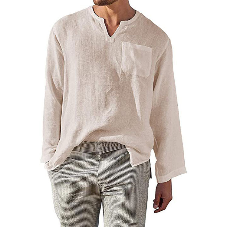 Herren Leinen Langarmshirt mit Henley-Ausschnitt und Brusttasche EB