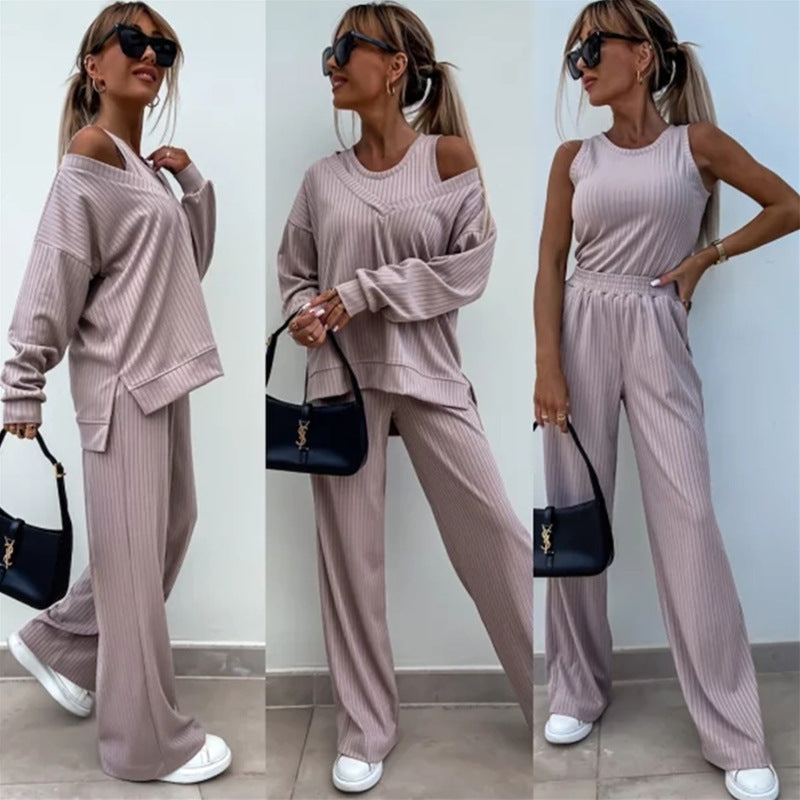Damen lässiges Rippsweat-Lounge-Set mit Off-Shoulder-Sweatshirt und weit geschnittener High-Waist-Hose EB