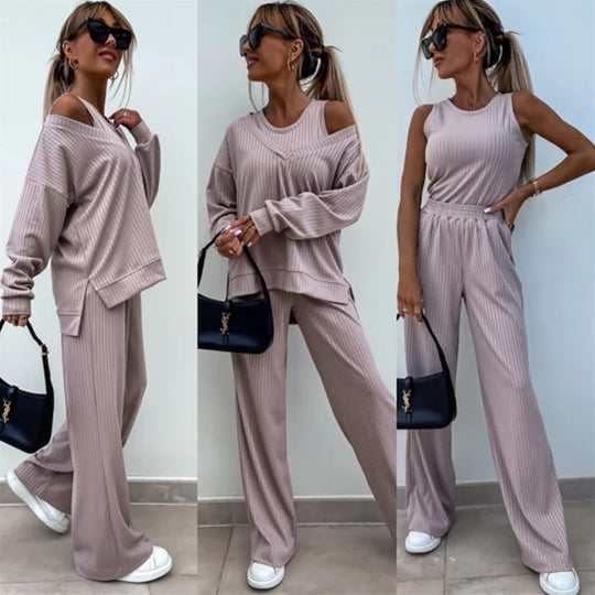 Damen lässiges Rippsweat-Lounge-Set mit Off-Shoulder-Sweatshirt und weit geschnittener High-Waist-Hose EB