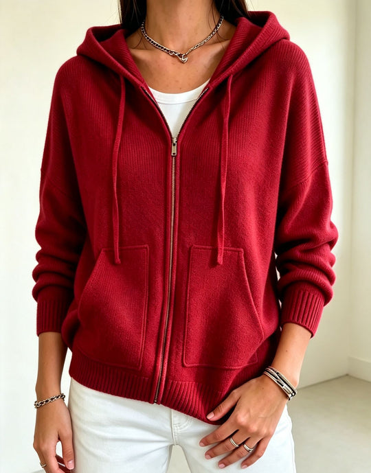 Damen Kapuzen-Wollmix Zip-Cardigan mit kastiger Passform und Kängurutaschen EB