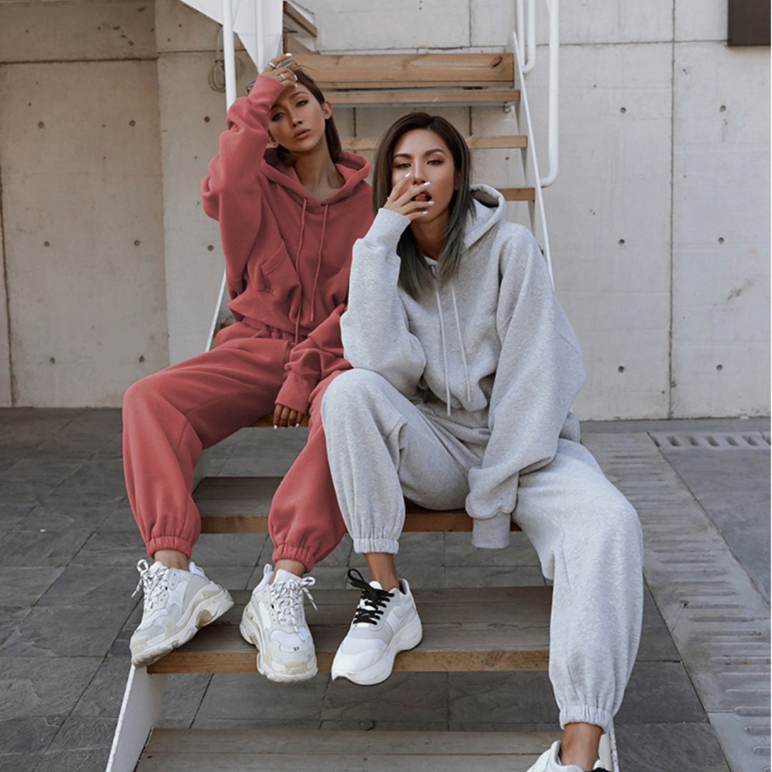 Damen lässiges Oversize-Kapuzen-Sweatset mit Cropped-Hoodie und Highwaist-Jogginghose EB